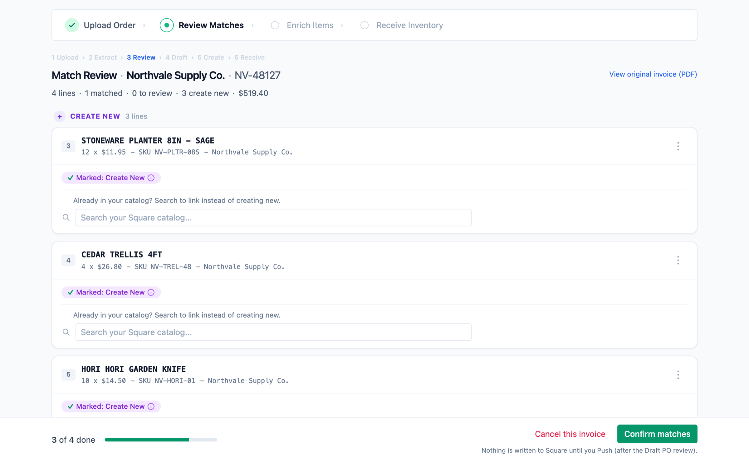 The Create New lane on the review screen: three lines from a four line invoice, each already marked Create New, each offering a catalog search to link to an existing item instead