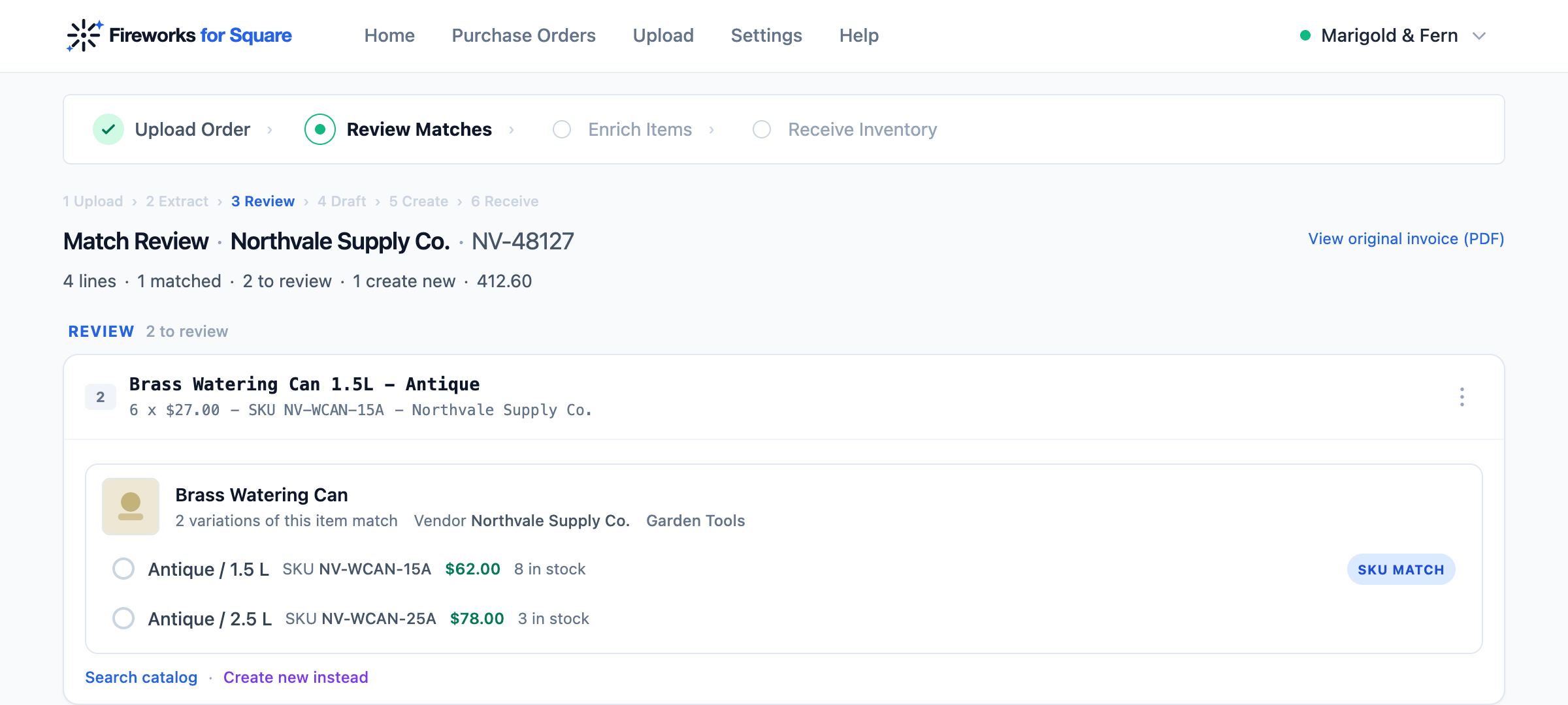 Match Review: every product extracted from a vendor invoice, matched to the Square catalog with SKU and price, waiting for approval