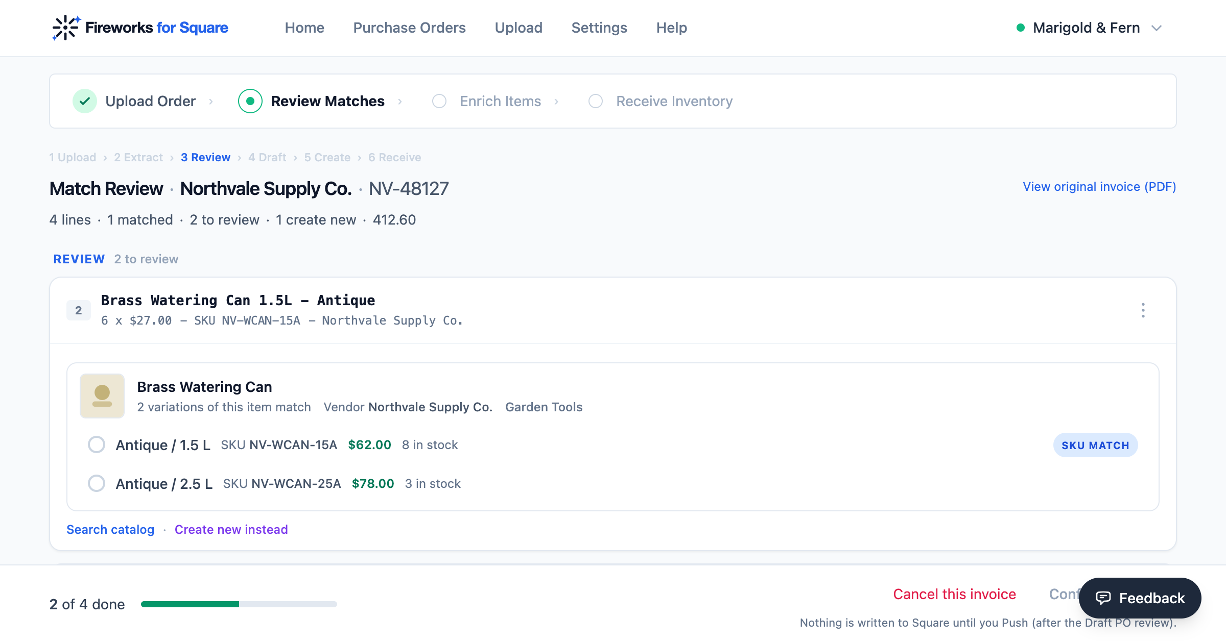 Match Review: each extracted product matched to the Square catalog with SKU and price, waiting for approval