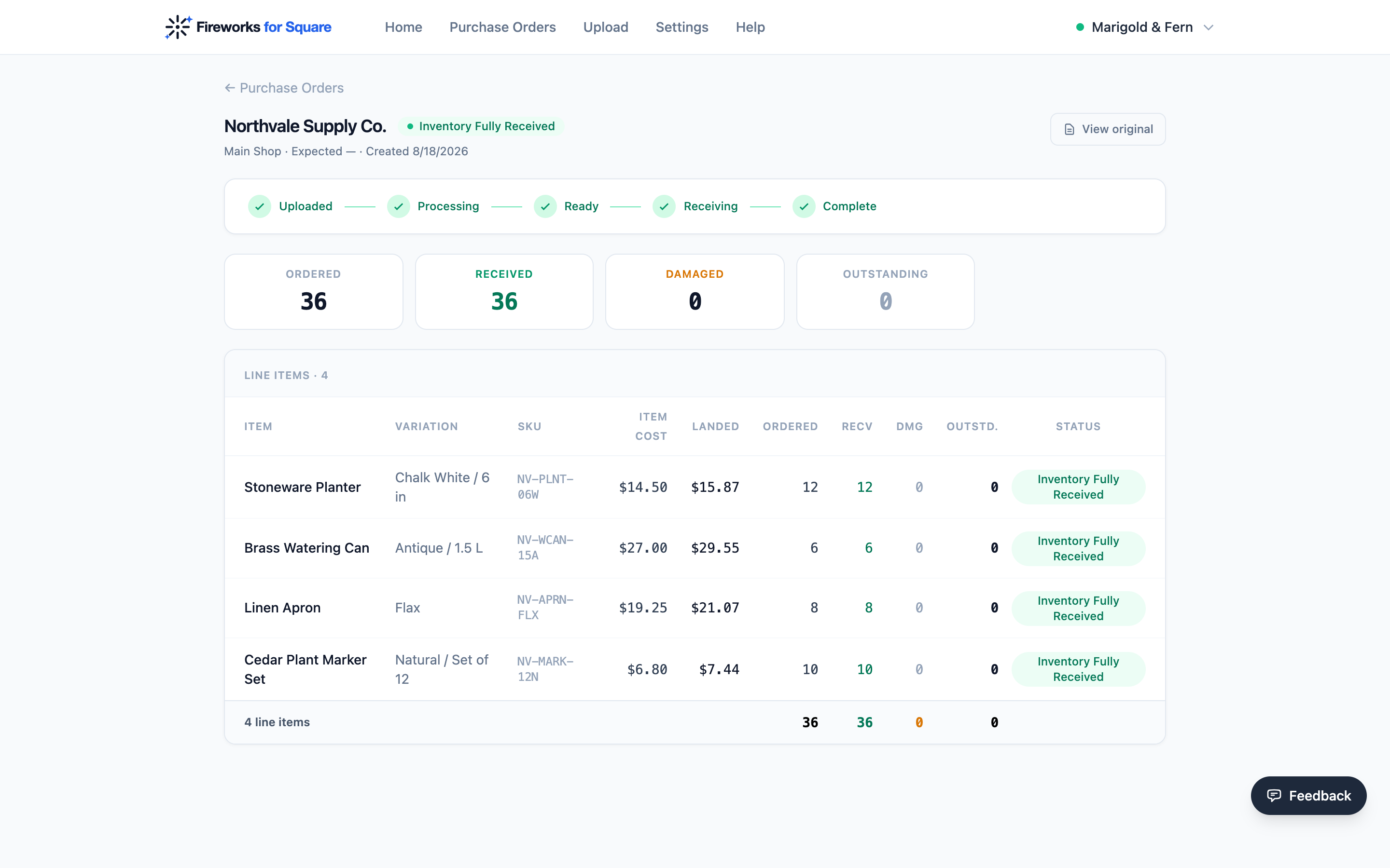A received order: every item counted in, with item cost and landed cost recorded