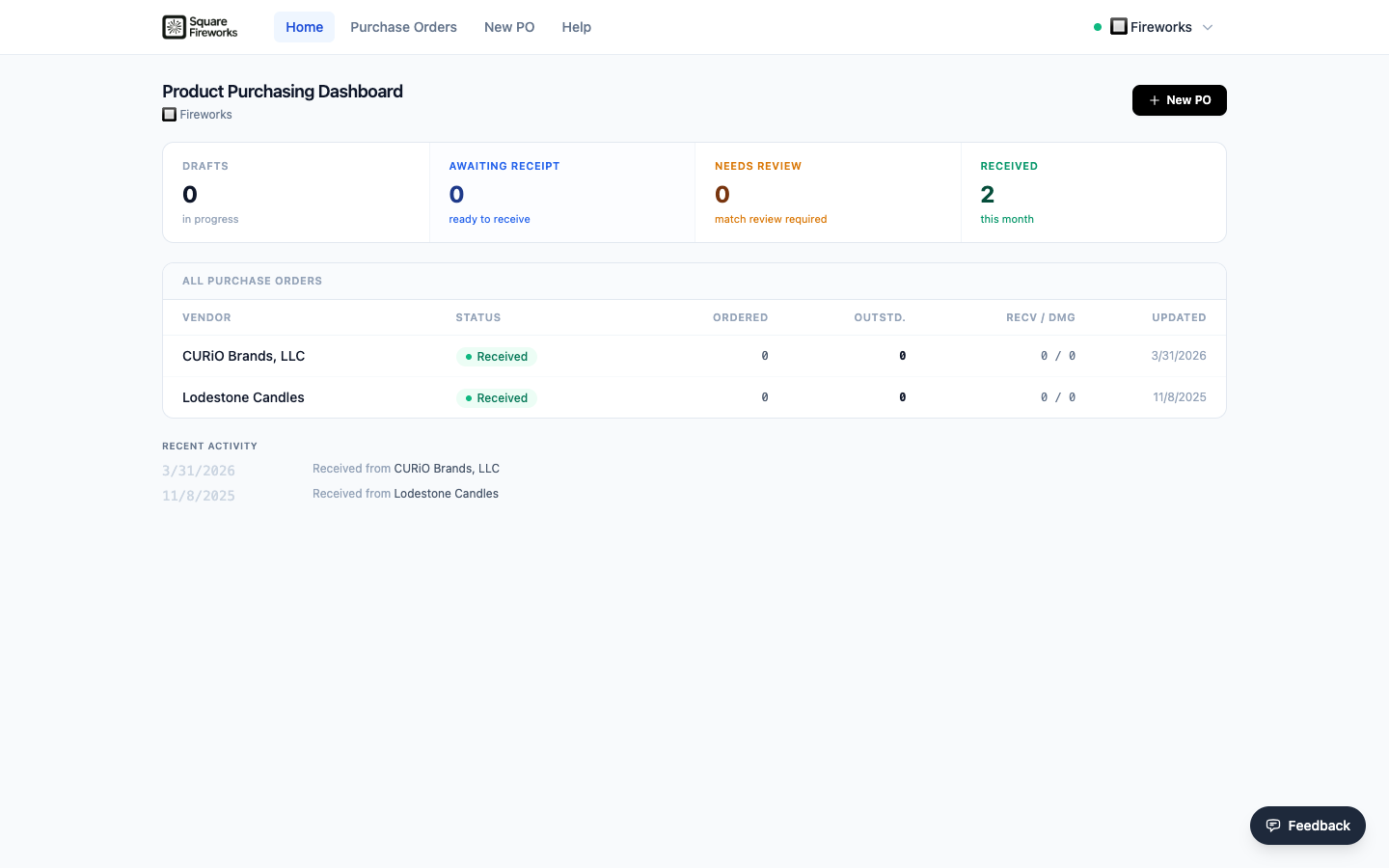 Fireworks dashboard showing received inventory